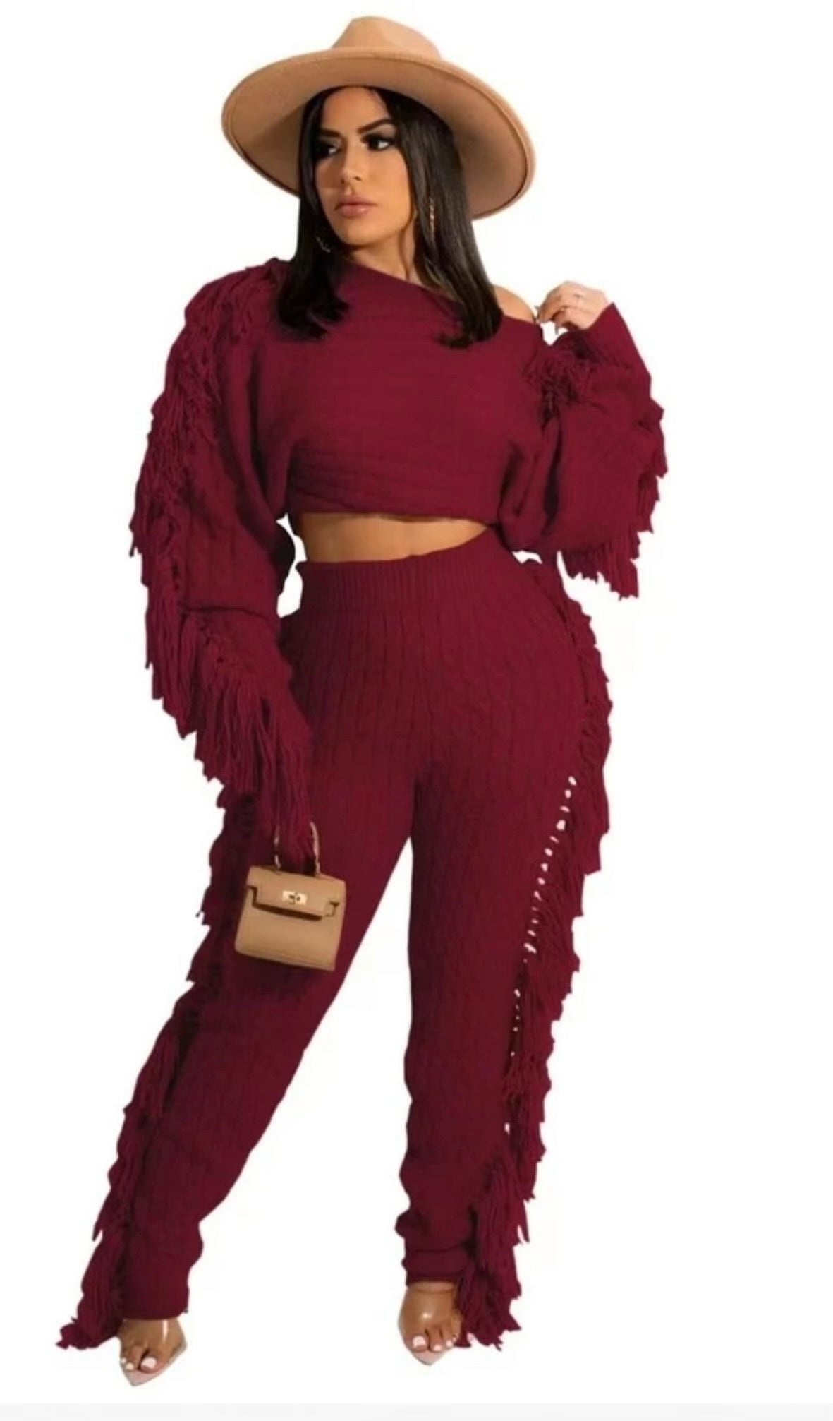 Knitted Long Sleeve Tassle 2 Piece Pants Set