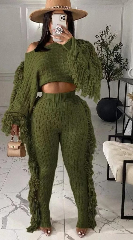 Knitted Long Sleeve Tassle 2 Piece Pants Set