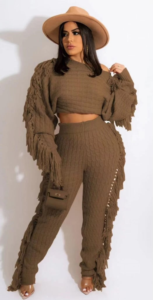 Knitted Long Sleeve Tassle 2 Piece Pants Set