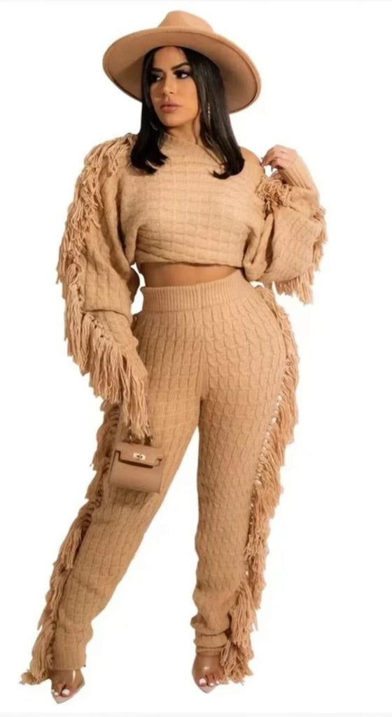 Knitted Long Sleeve Tassle 2 Piece Pants Set